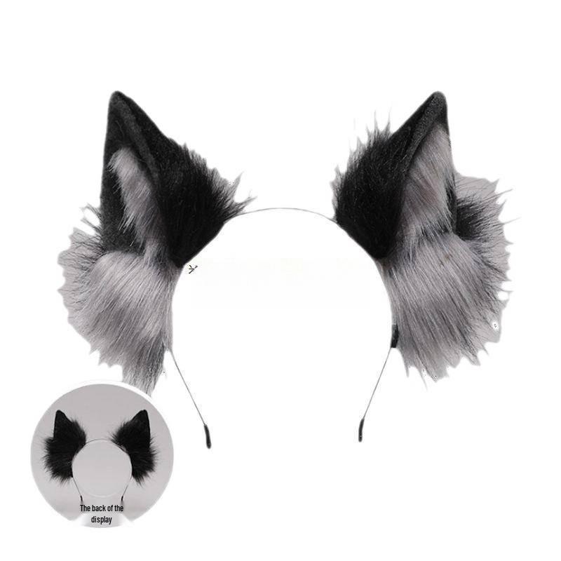 Sada zvířecích uší a ocasu: Čelenka a doplňky s hlavou kočky a vlka