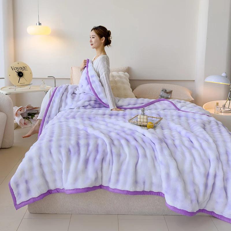 New Modern Minimalist Thick Rabbit Fur Blanket With Solid Color Printed Flannel Winter Nap Suitable For Bedroom Warming Products