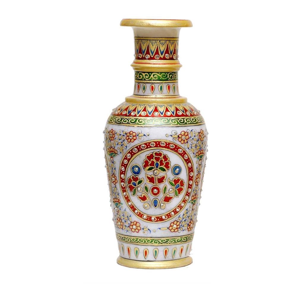Designer Decorative Marble Flower Vase | Round Shape Beautiful Rajasthani Meenakari Handpainted Work Showpiece Vases