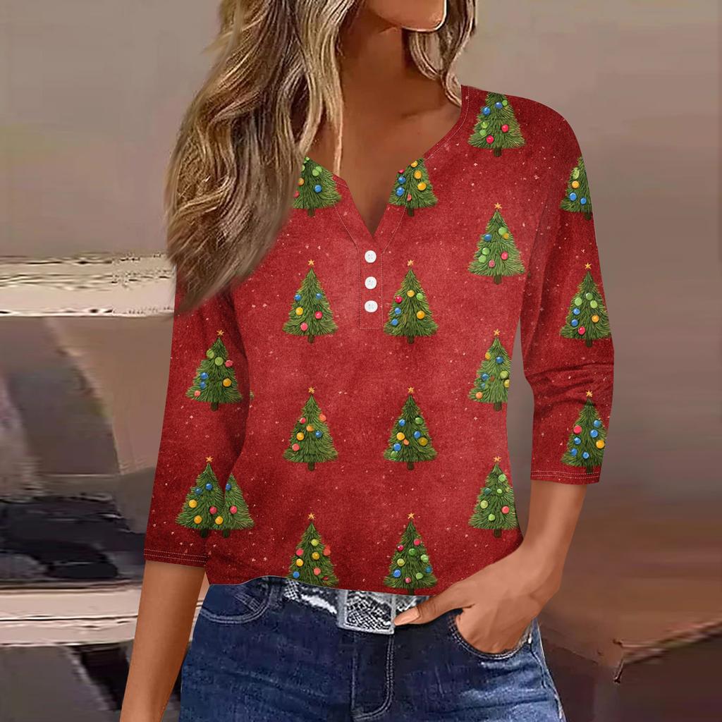 Damenmode Lässig Halloween Bedruckt V-Ausschnitt Kurzarm Zierknopf Dreiviertelarm T-Shirt Top