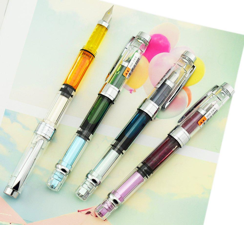 Yongsheng 3008 Fountain Pen, Extra Fine Nib, EF, Transparent Barrel, Silver Trim, Screw-On (Set of 4)