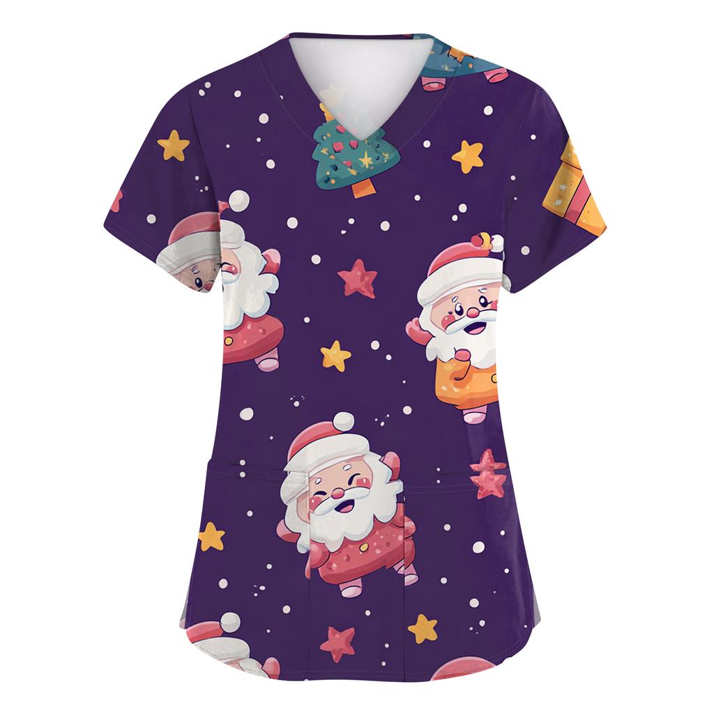 Hauts de Travail à Manches Courtes et Imprimé de Noël à Col en V et Poche pour Femme