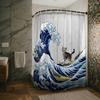 Big Japanese Wave Shower Curtains Cat Surfing Barn Door Decor Polyester Fabric Waterproof Bathroom Curtains Set with 12 Hooks