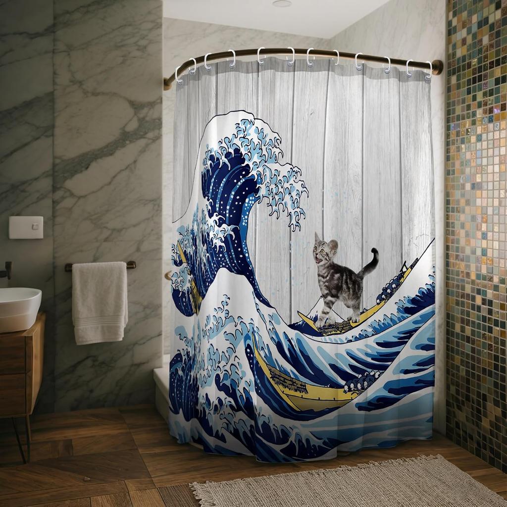 Big Japanese Wave Shower Curtains Cat Surfing Barn Door Decor Polyester Fabric Waterproof Bathroom Curtains Set with 12 Hooks