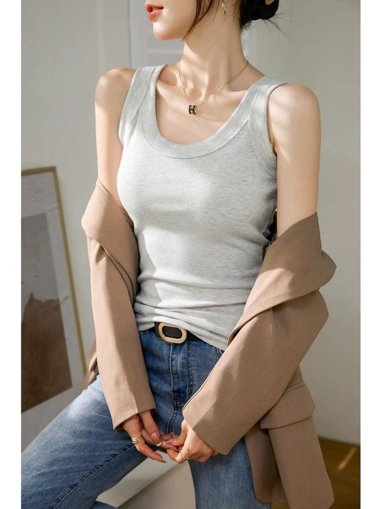 High-Quality, Elastic Ribbed Cotton Concealing Tank Top for Women - Anti-Exposure & Side Fat Concealing Design