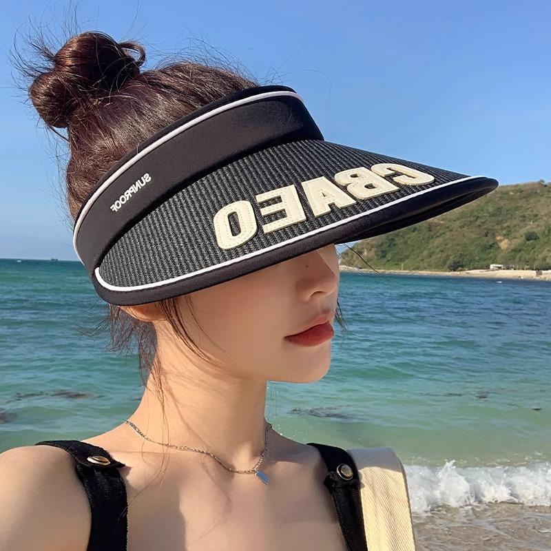 Empty top sunscreen hat, women's summer vinyl straw woven cycling visor, UV-proof large brim, face-covering beach straw hat