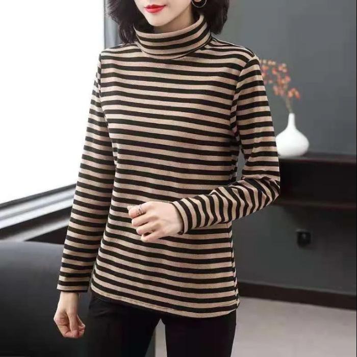 

2024 Women s Plus Size Striped High-Neck Long-Sleeve Velvet Top for Autumn & Winter M