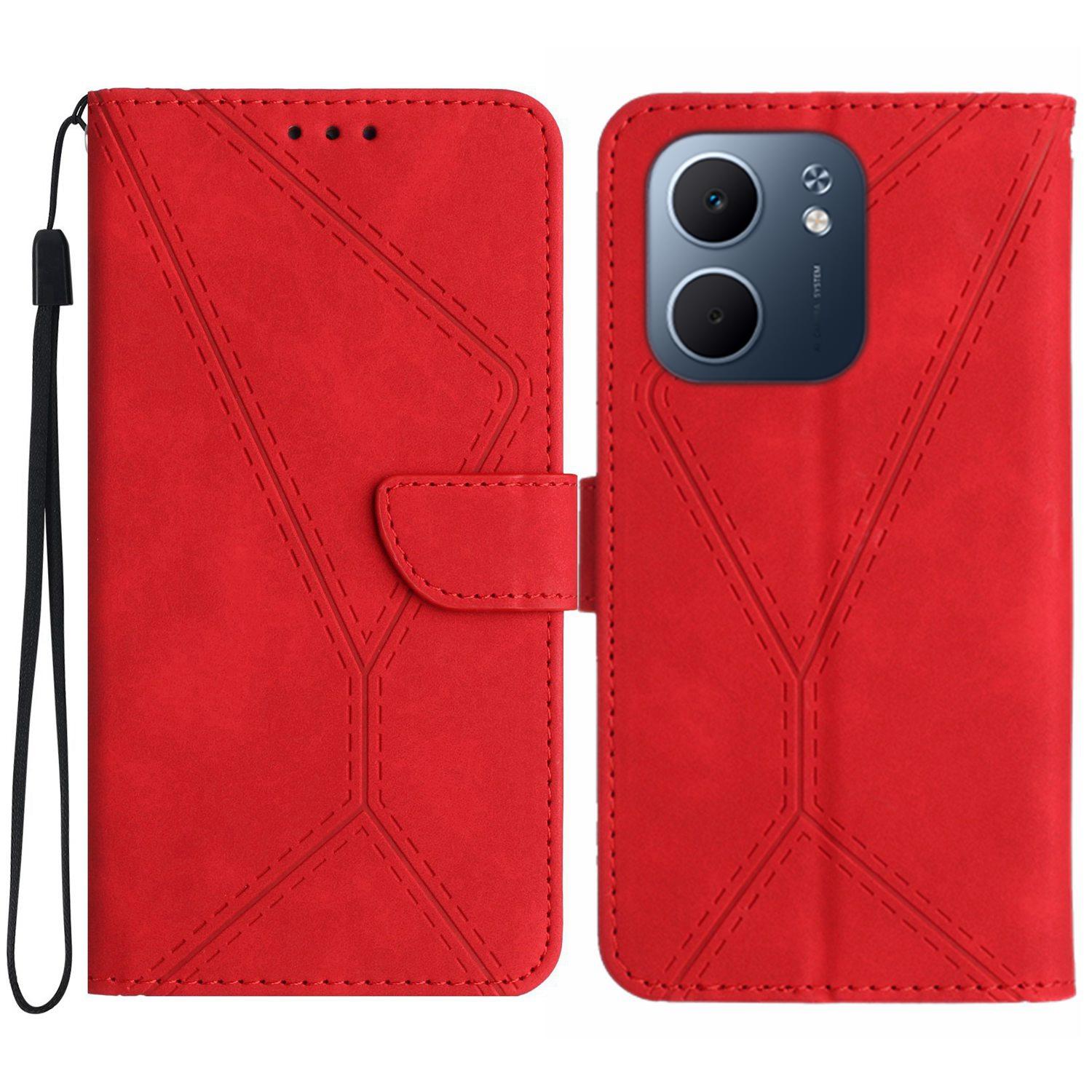 

For Oppo A5x 5G/4G Case Skin Touch Lines Imprinted PU Leather Flip Phone Cover Red