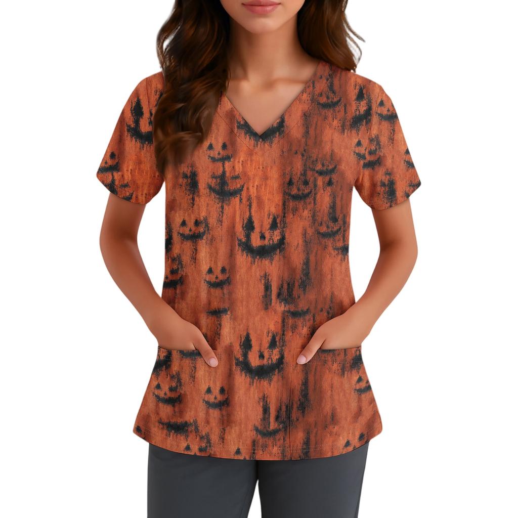 Women V Neck Short Sleeve Halloween Print Top with Pocket Scrub Shirt for Healthcare Professionals Uniform