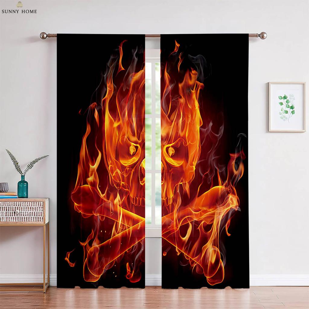 Flame Skull 3D Printed Curtains Cool Black Curtains Living Room Kitchen Bedroom Decorative Curtains Easy To Wash And Care 2 Pcs