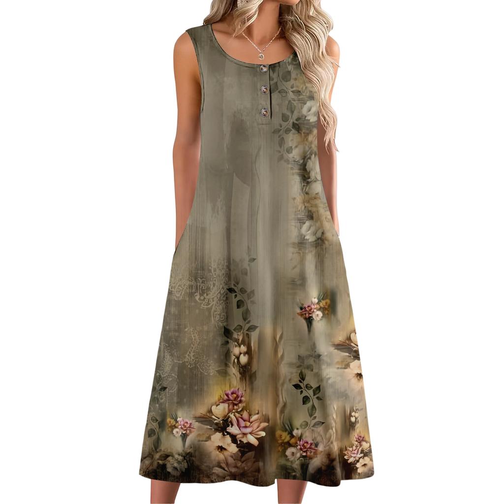 Women's Fashion Casual Sleeveless Button Floral Print Dress with Pocket