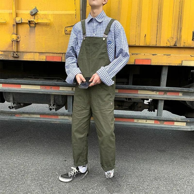 Hong Kong Style Bib Pants Men's Summer Suspenders Korean Version of Loose Straight Nine-point Wide-leg Pants Super Fire Bib Pants