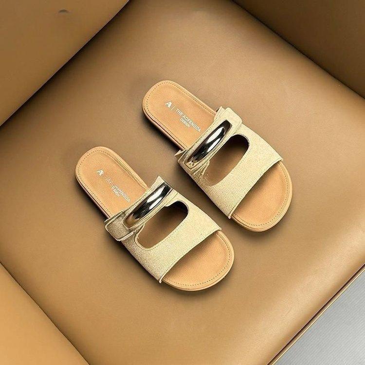 

Korean version of metal buckle Velcro cool slippers women s summer wear 2025 new flat bottom soft bottom non-slip one-word drag tide 40