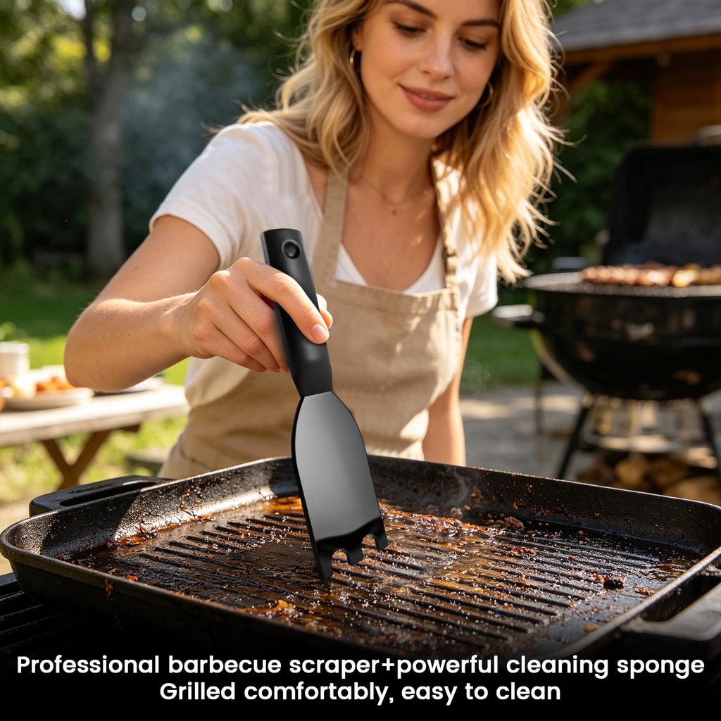 Grill Scraper with Replaceable Heavy Duty Cleaning Sponges Ergonomic Handle and Multi Layer Scouring Pads for BBQ Grates and Flat Top Surfaces
