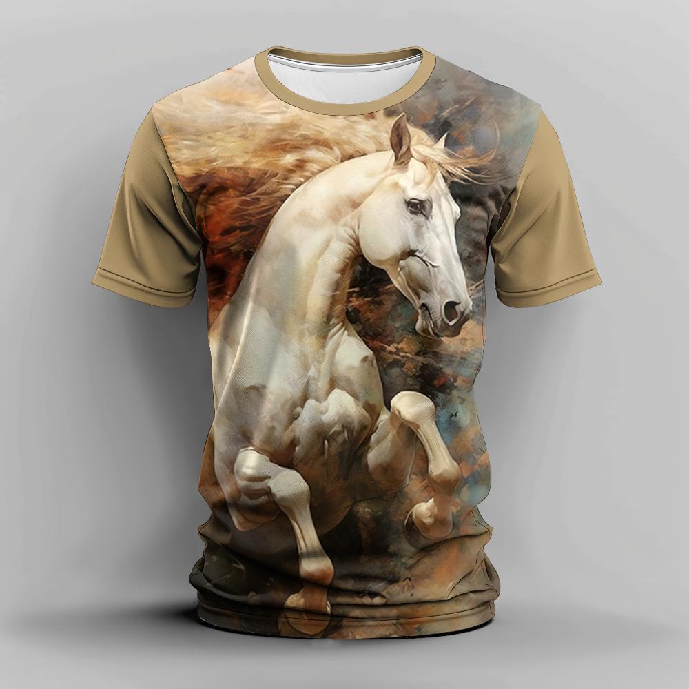Summer Men's T Shirt 3d Horse Print Casual Crew Neck Short Sleeve Tee Oversized Clothing Animal T-Shirts Fashion Streetwear Race