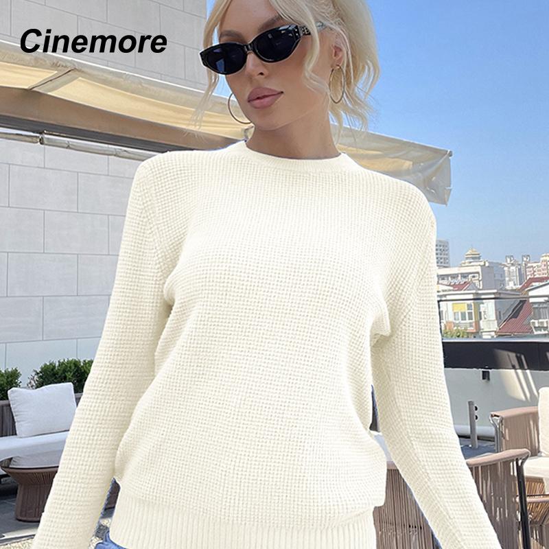 Cinemore Wiosna Jesień Damski Sweter Jednolity Oversize Casualowe Pulowery Ciepły Podstawowy Top z Długim Rękawem Okrągły Dekolt Dzianinowy Sweter Sweter