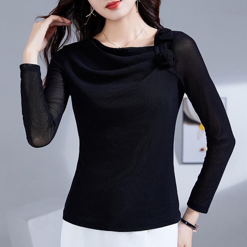 

Женский топ с драпировкой на шее, сетчатыми рукавами и длинным рукавом, весна/осень 2025 XL чёрный