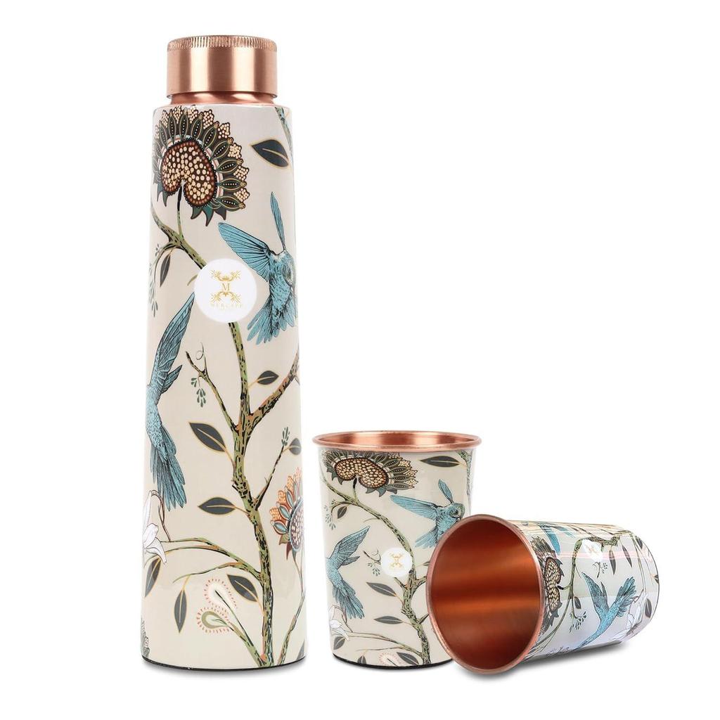 Láhev na vodu z čisté mědi 900 ml se skleněnou sadou Best Tamba v tištěném designu (900 ml 2x 300 ml)