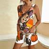 Women Plus Size Sleeveless Scoop Neck Halloween Pumpkin Printed Loose Short Romper With Pockets
