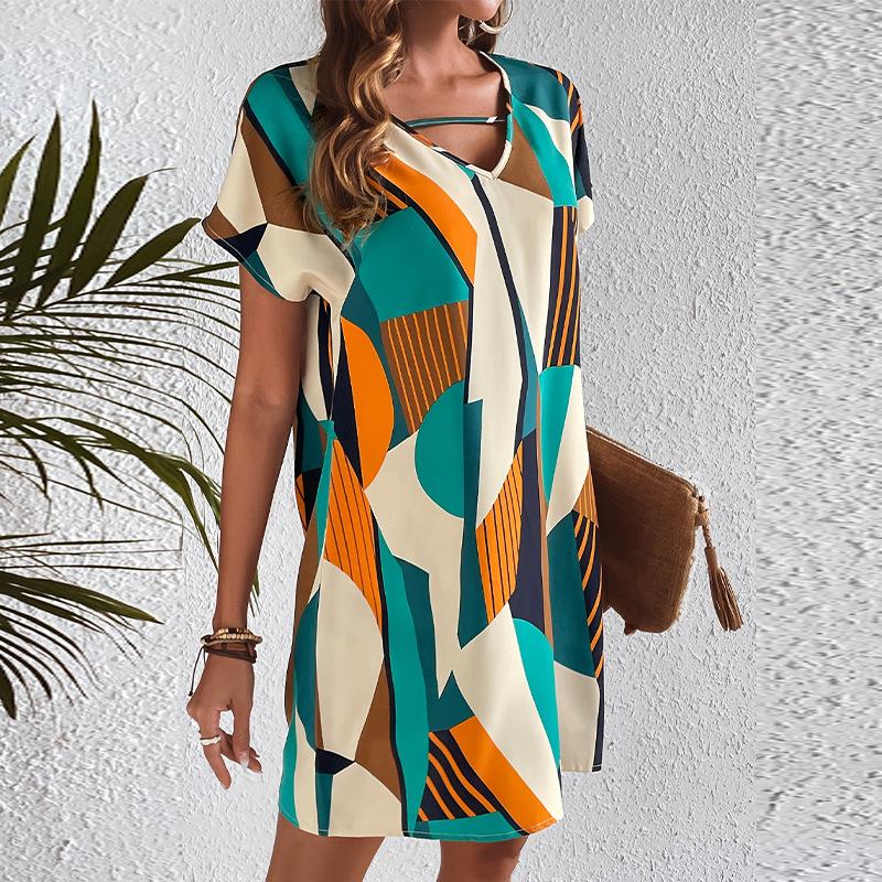 Women's Color-Blocked Holiday V-Neck A-Line Dress - European & American Style