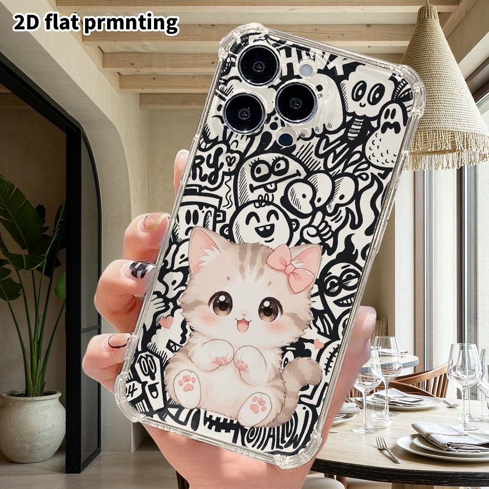Phone Case: 2D Flat Suitable for iPhone 18 17 16 15 14 13 Pro, Transparent Four Corner Protective Case, Light Gray Kitten, Christmas and Halloween Gif