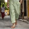 Mens Casual Solid Color Drawstring Waist Linen Straight Long Pants With Pockets