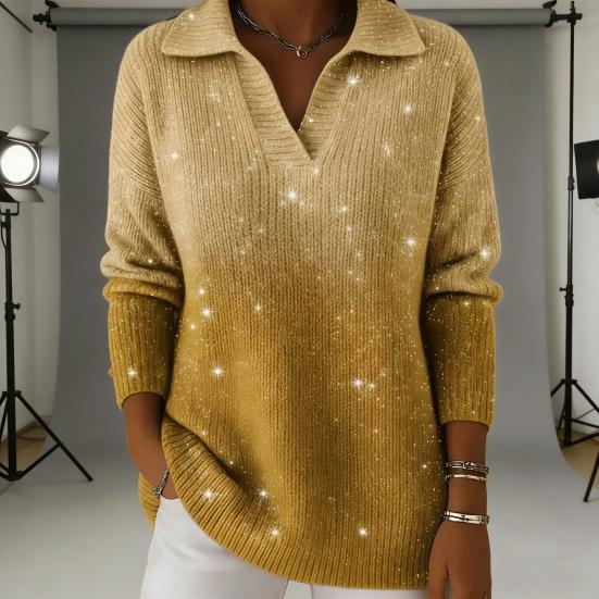 Women Sweater Lapel Long Sleeve Shimmering Sequin Detail Gradient Design Loose Fit Knitting Tops Loose Fit Winter Knitwear