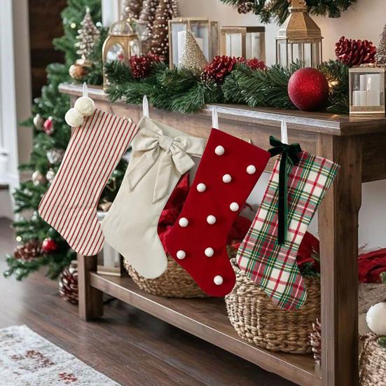 Christmas Stockings with Hanger Bowknot Plush Balls Decor Striped Print Candy Holder Festive Tree Decoration