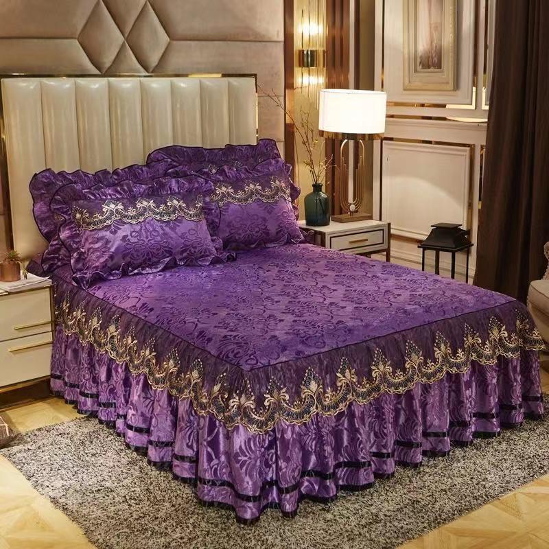 1pc Bed Skirt + 2pcs Pillowcase, Luxury Embossing Velvet Bedspread King Queen Size Romance Embroidery Lace Short Plush Bed Skirt