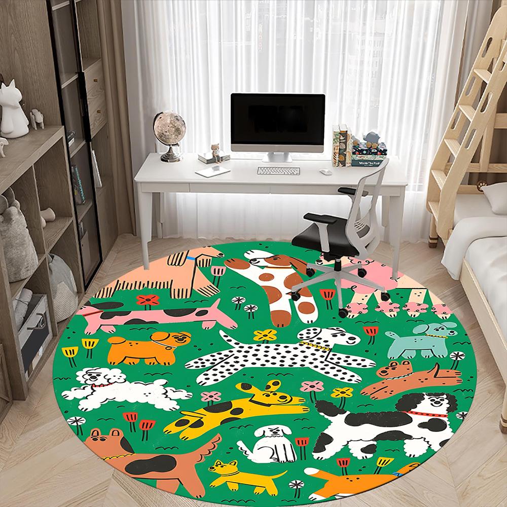 1PC Dogs Garden Office Round Area Rug, Mat Suitable For Office, Under Office Chairs Bedroom Living Room Home Decor, Room Deco