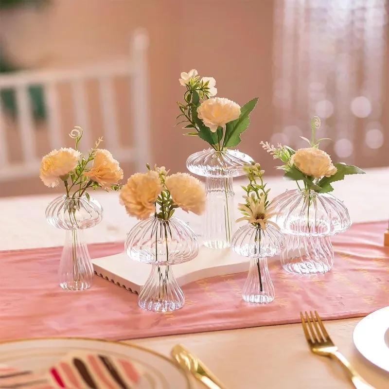 5Pcs Glass Mushroom Flower Vase Cute Colored Glass Vase Unique Bud Small Vase Flowers, Aesthetic Decorative Vases for Home Decor