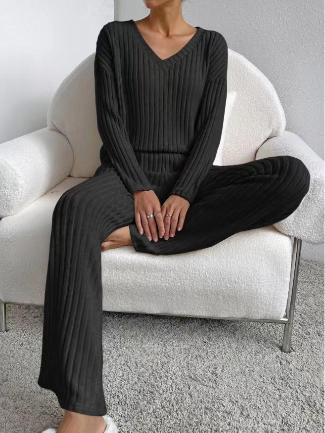 European & American Autumn/Winter Two-Piece Set: V-Neck Ribbed Knit & Casual Straight-Leg Pants