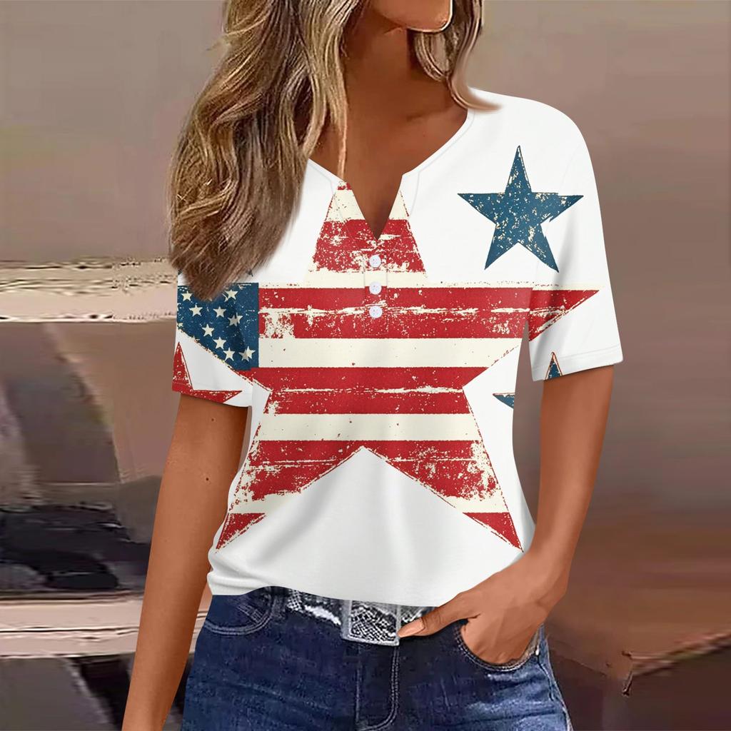 Women's T Shirt Tee Print Button Short Sleeve Daily Weekend Fashion Basic V- Neck Regular Top
