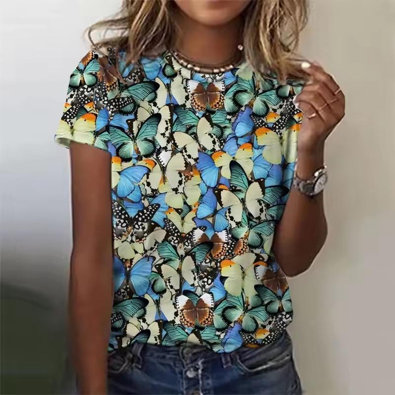 Summer Casual Short Sleeved Round Neck Top with 3D Printed Colorful Butterfly Pattern Women's T-shirts