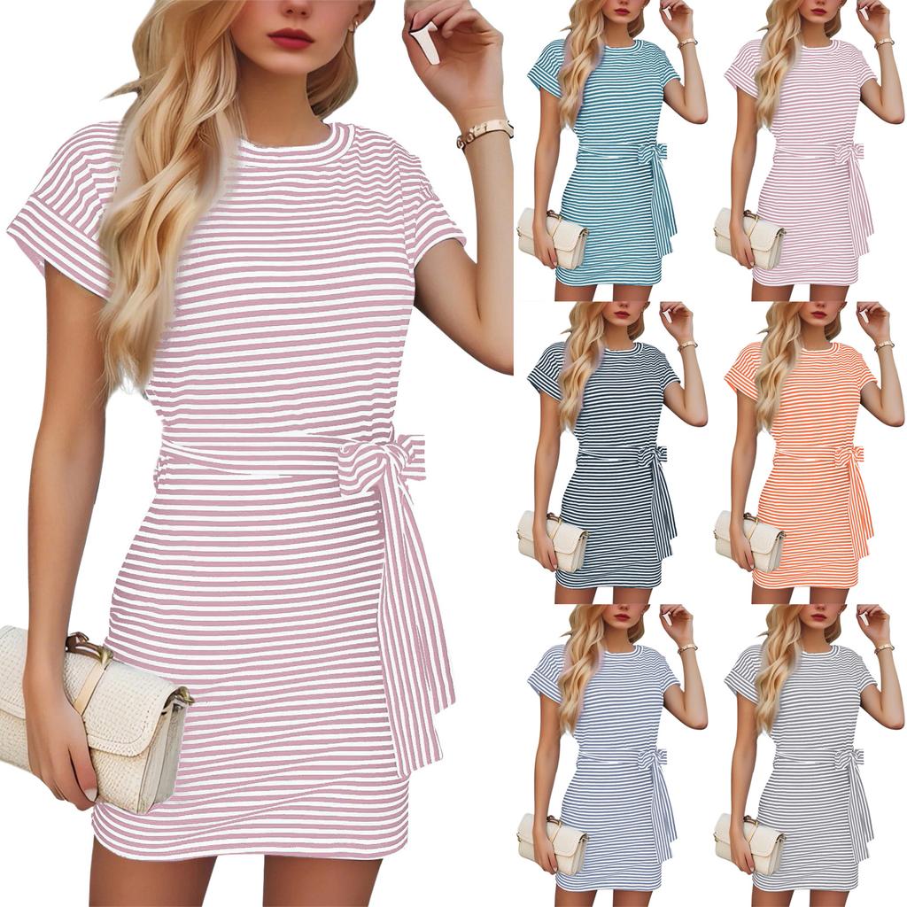 Women's Casual Fashion Sexy Round Neck Cap Sleeve Waist Striped Dress