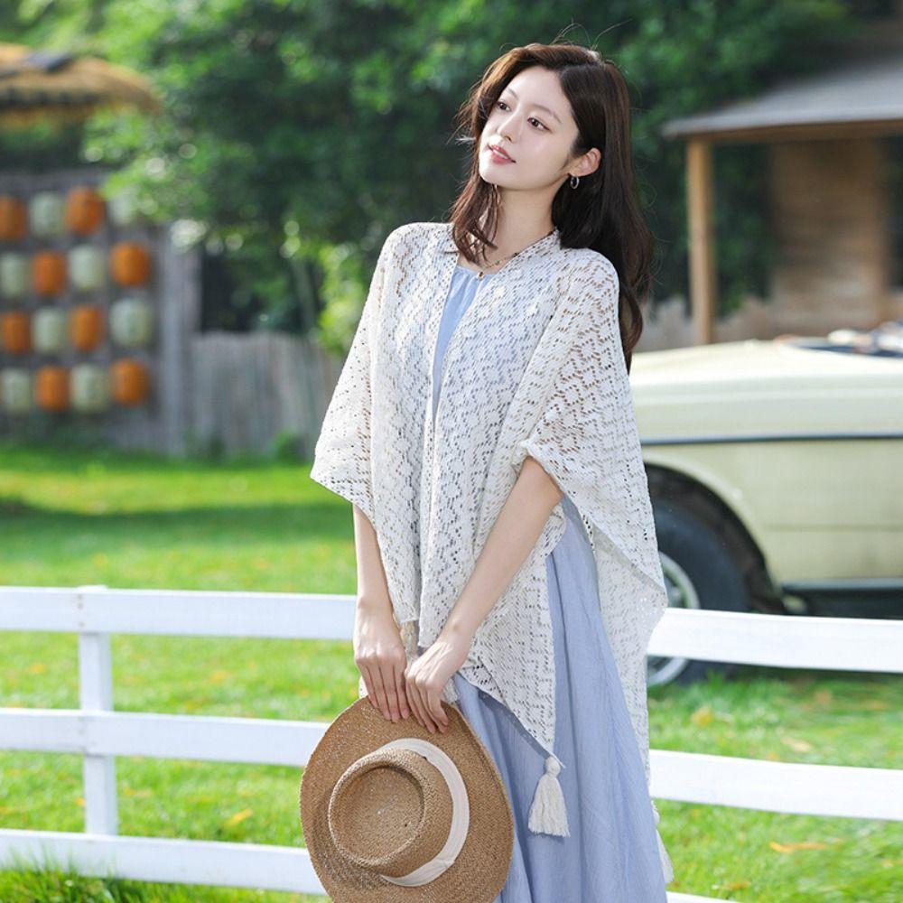 Colorful Ethnic Style Tassel Shawl Thin Beach Scarf Vintage Sunscreen Crochet Cardigan  Outdoor
