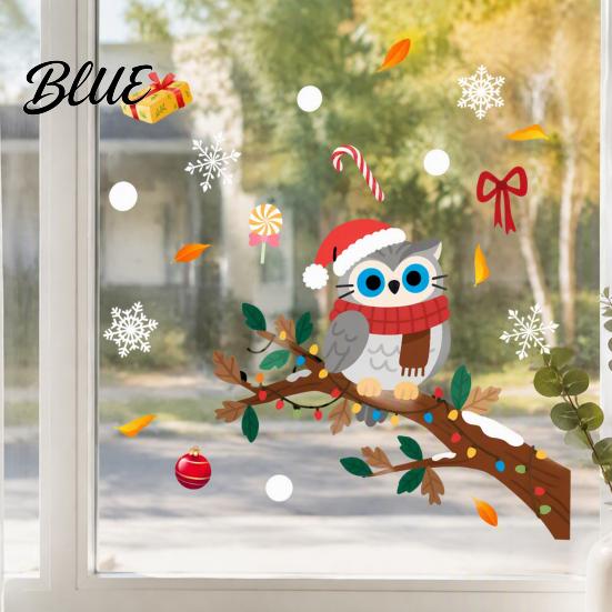 Christmas Owl Window Decals Cute Sticker Snowy Branch Candy Glass Decal Waterproof Decorative Stickers for Doors Xmas Decor Holiday Home Store Front