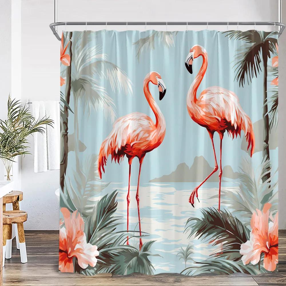 Flamingo Shower Curtain Set Pink Bird Tropical Leaf Rainforest Jungle Bathroom Decor Spring Summer Bath Mat Toilet Lid Cover