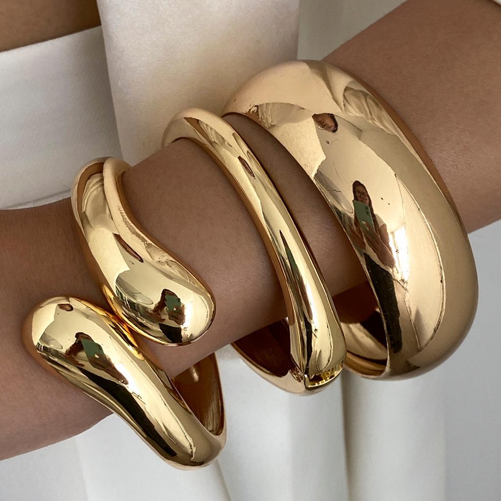 Ingemark 3 Styles Hip Hop Gold Color Stackable Wide Bracelets for Women Fashion Statement Punk Water Drop Bangles Jewelry Gift