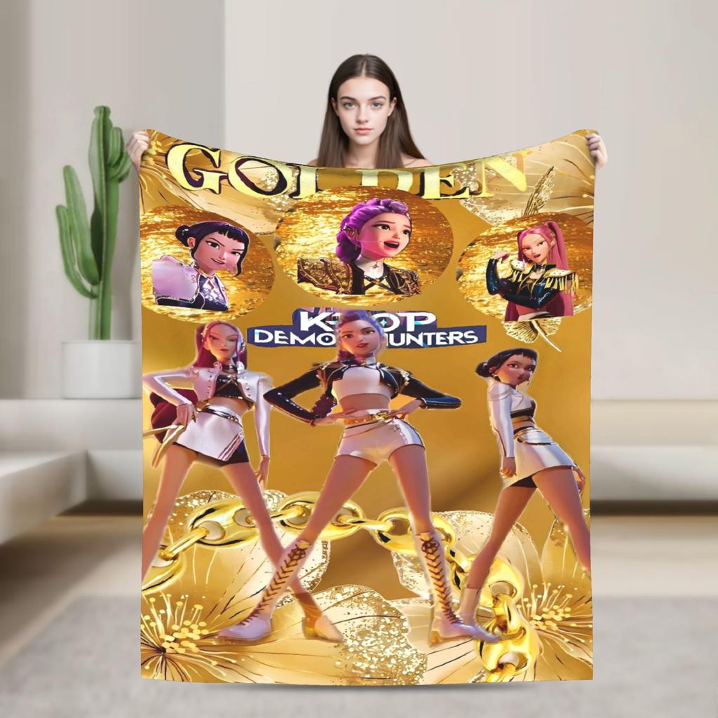 Warm Soft Blankets KPop Demon Hunters Golden Music Throw Blanket Flannel Bedspread For Living Room Street Trend Sofa Bed Cover
