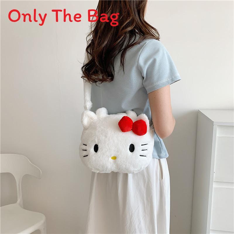 Borsa a tracolla rotonda in peluche Hello Kitty a cartoni animati con cerniera per bambine