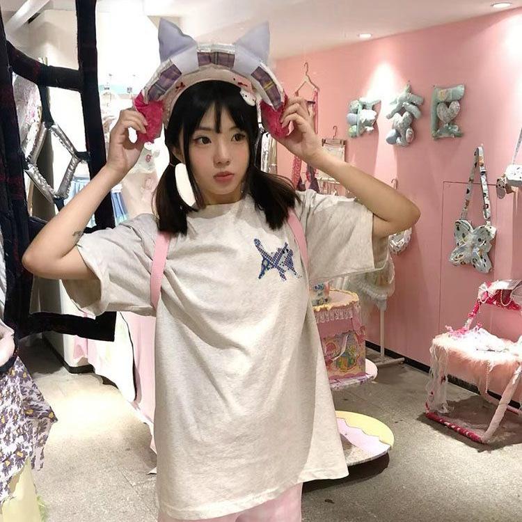 

230 г Чистый хлопок Вышивка кошки Круглый вырез Унисекс Свободный крой Летняя футболка - Американский стиль XXL (130-150 Jin) светло-серый