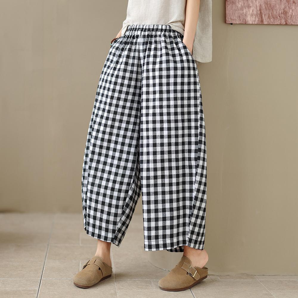 DIMANAF 2026 Summer New Plus Size Women Long Pants Vintage Printing Loose Casual Elastic Waist Lady Bottoms Black Plaid