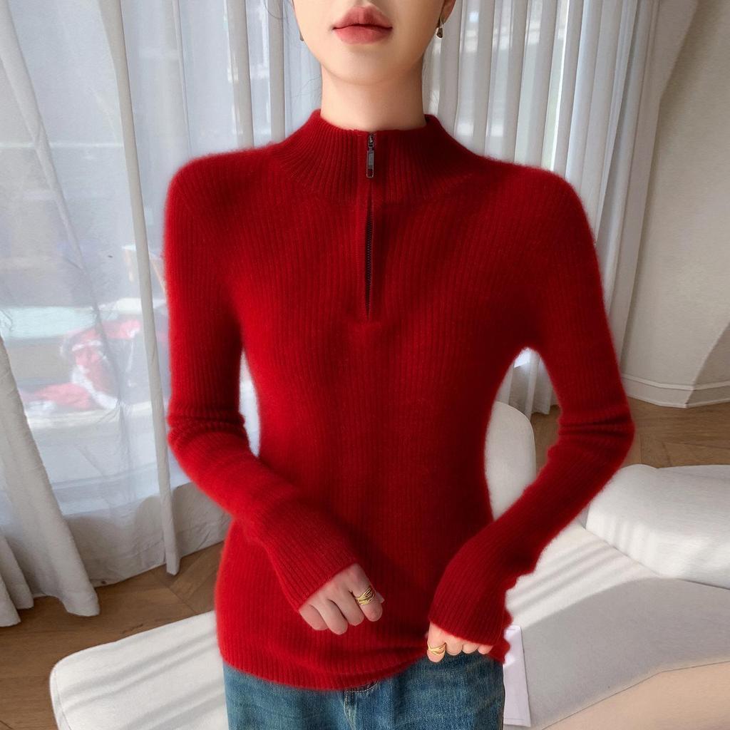 Women's Ribbed Cashmere Half-High Neck Zipper Sweater - Slimming Solid Color Base Layer for Autumn/Winter