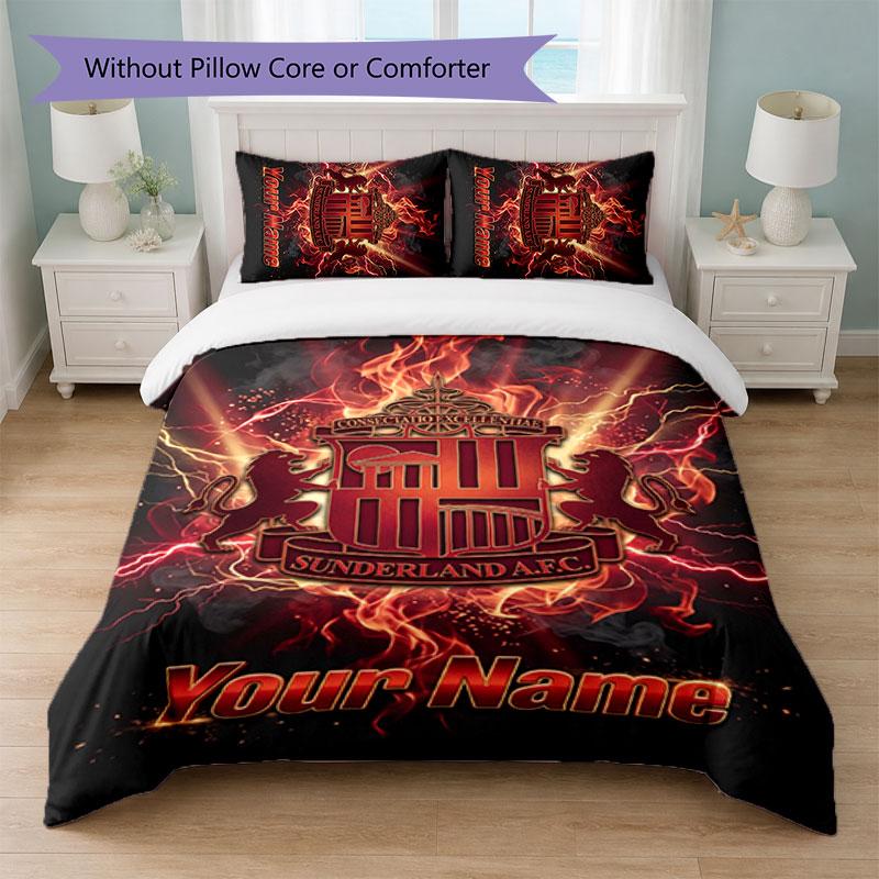 Set Biancheria da Letto Personalizzato Sunderland FC con Nome Testo 1 Copripiumino+2 Federe Logo Calcio Regalo Personalizzato per Occasione Speciale Decorazione Camera da Letto