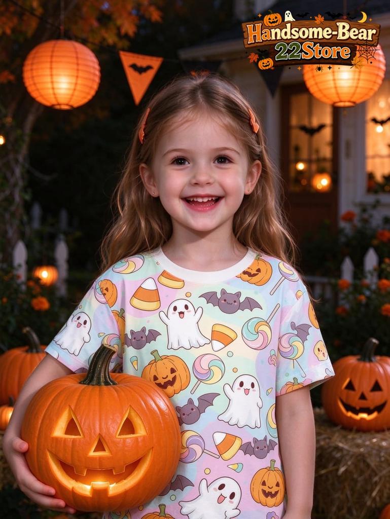 Kids Halloween Girls T-Shirt Pink Leopard Print Ghost Pumpkin Spider Bat Graphic Tee Short Sleeve Casual Top for Halloween Party