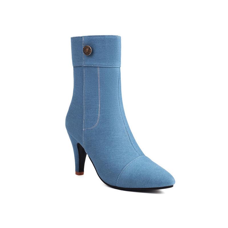 Denim fabric Ankle Boots for Women Fashion Botas Mujer Autumn Winter High Heels Short Boots Ladies Shoes Black Blue WSH4976