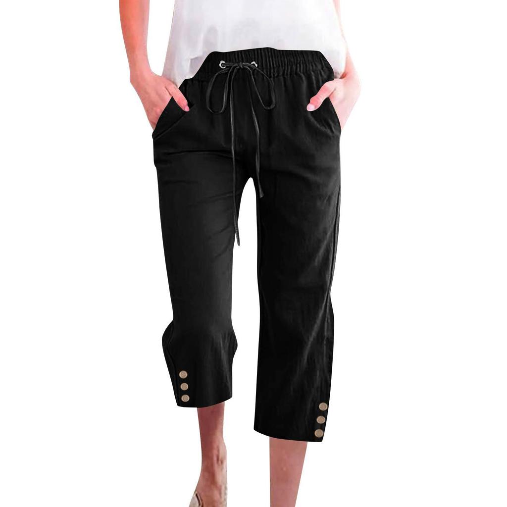 Spring Solid Color Cotton Linen Drawstring Cropped Pants