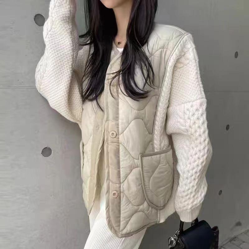 2025 Winter Clothing New Korean Style Design Cotton Jacket With Contrasting Color Splicing Heavy Industry Sweater Jacket For Women