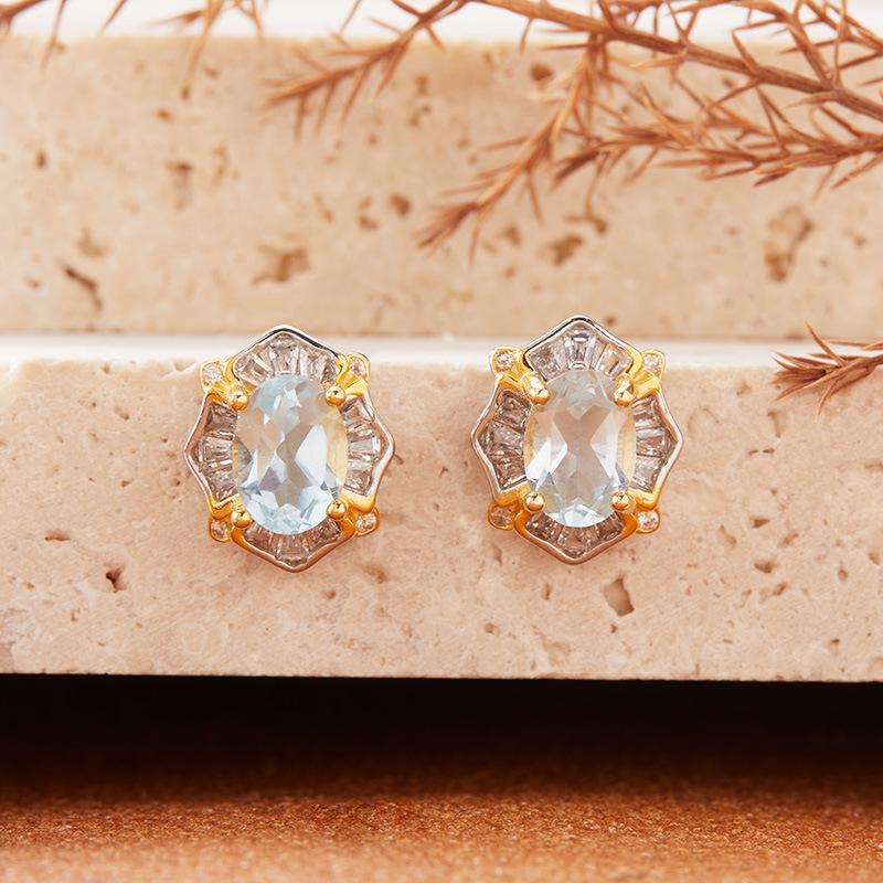 S925 Sterling Silver Color Treasure Stud Earrings Women'S Natural Topaz Garnet Amethyst Citrine Ear Jewelry